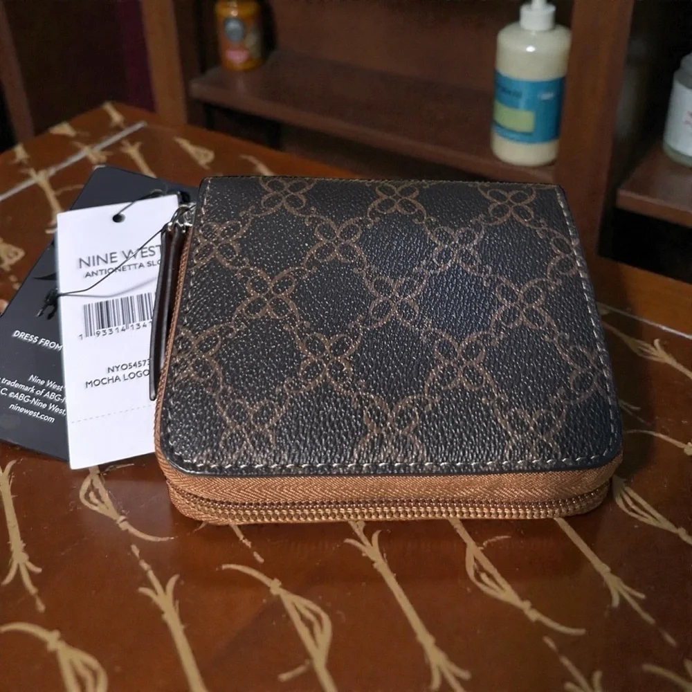 Nine West Mocha Logo Zip-Around Wallet Coin Pouch Card Holder